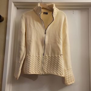 Post card cable knit merino wool zippered sweater